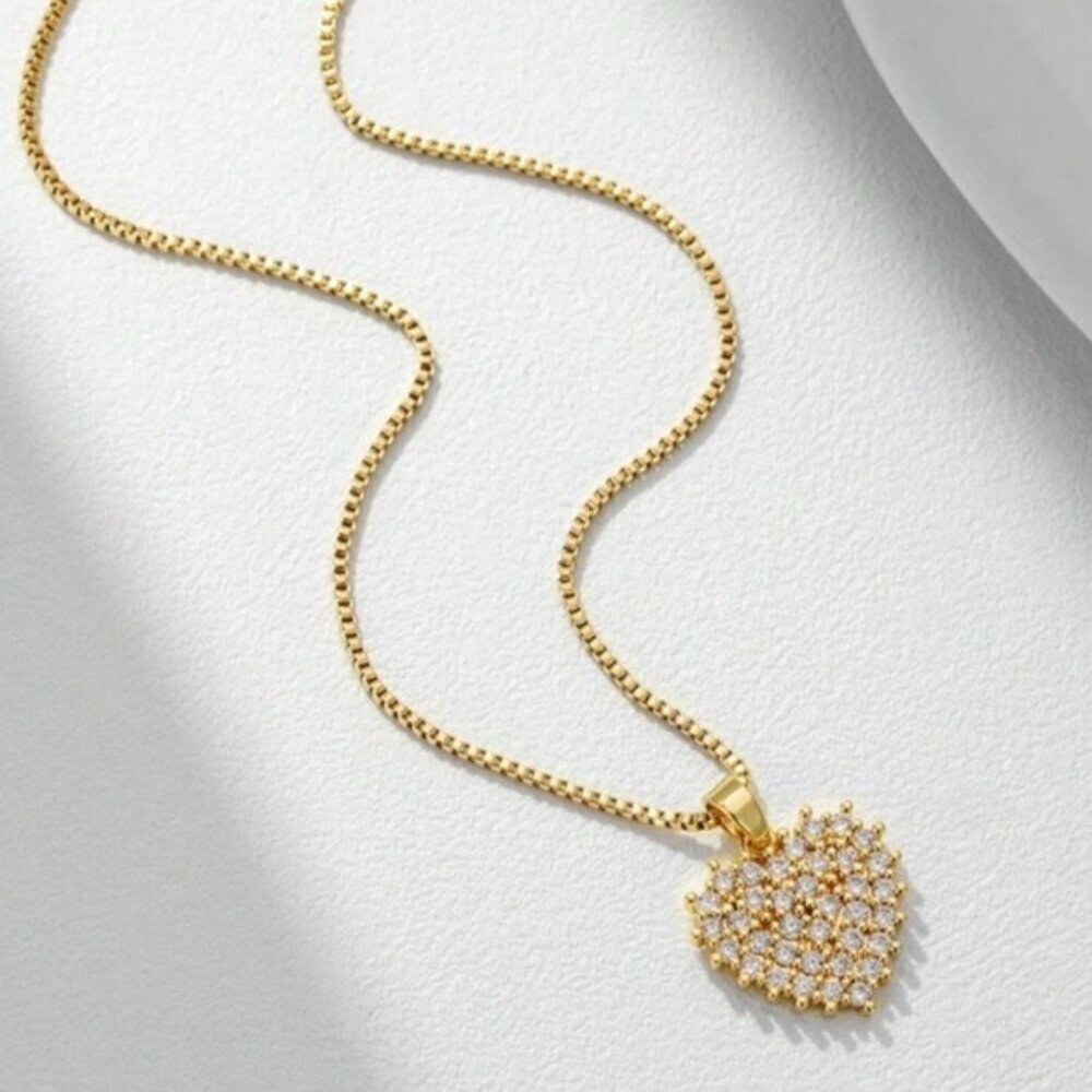18k Golden Plated Necklace Heart Chain Cubic Zircona Stainless Steel